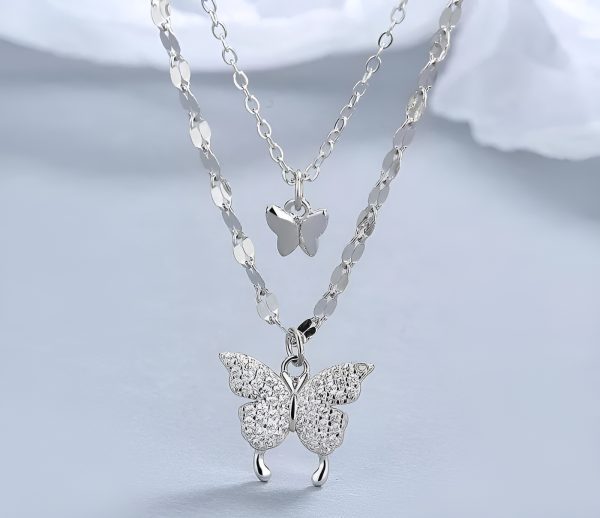 Koren Double Layer Pendent Smart Butterfly With Diamonties Attach Best For Young Girls And Ladies | Women Double Layer Pendant Chain Silver Butterfly Necklace Chain